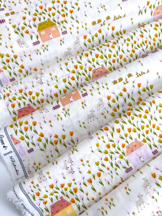 Cottage In Garden, by AGF Studio, 100% Premium Cotton Fabric, Floral/Farm Pattern