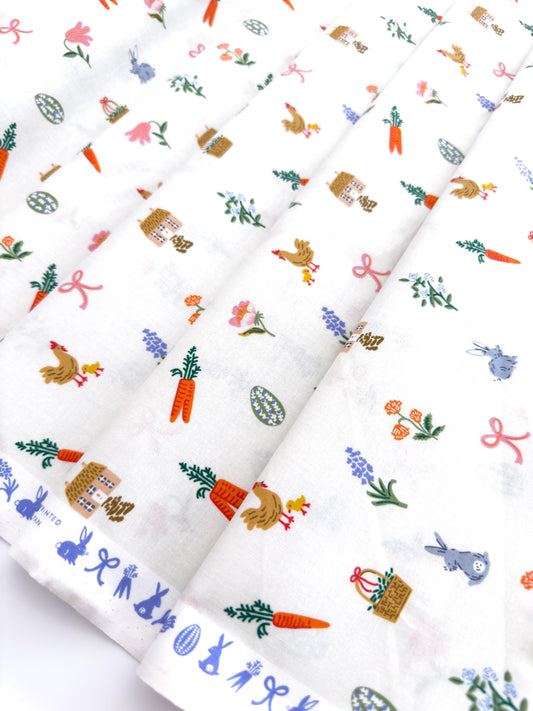 Rifle Paper Co. Easter Basket Fabric In Cream, Easter Collection, Cotton Yardage, Carrots, Bunnies on the farm