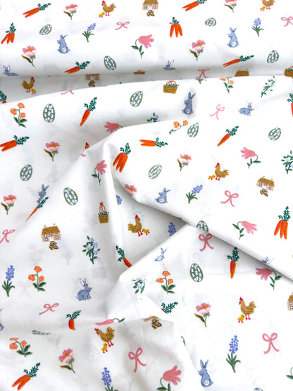 Rifle Paper Co. Easter Basket Fabric In Cream, Easter Collection, Cotton Yardage, Carrots, Bunnies on the farm
