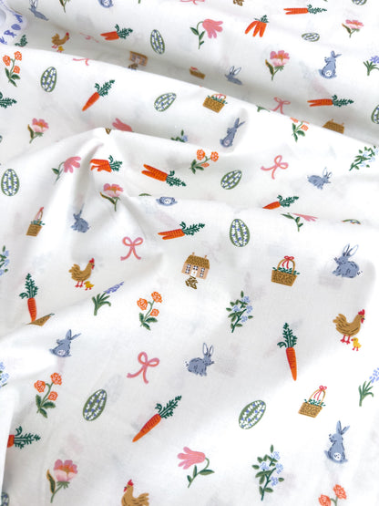 Rifle Paper Co. Easter Basket Fabric In Cream, Easter Collection, Cotton Yardage, Carrots, Bunnies on the farm