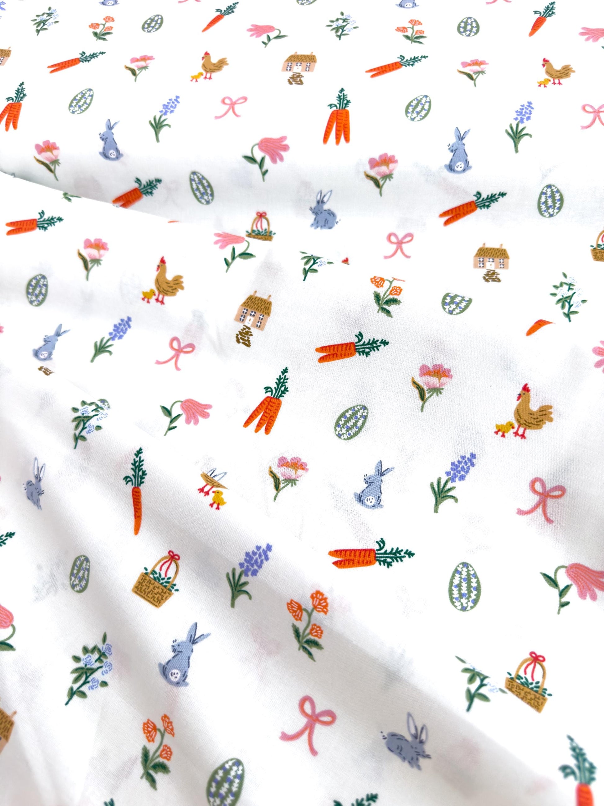 Rifle Paper Co. Easter Basket Fabric In Cream, Easter Collection, Cotton Yardage, Carrots, Bunnies on the farm