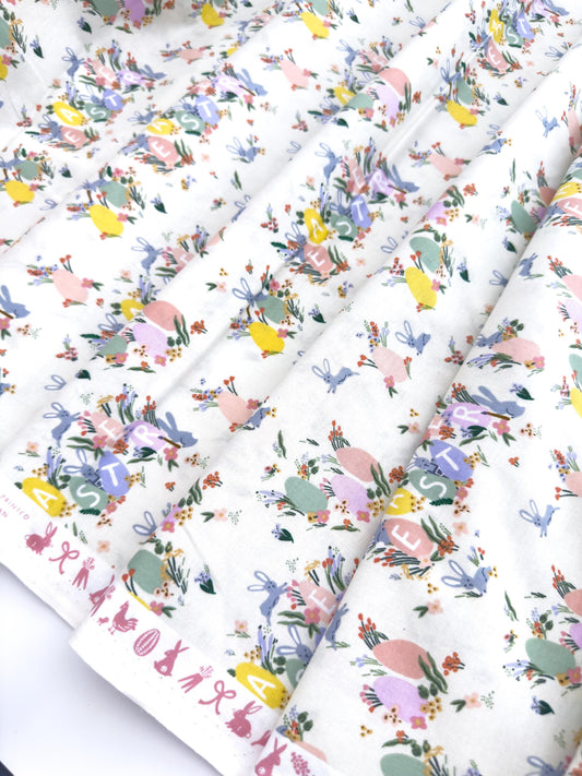 Rifle Paper Co. Hoppy Easter Fabric In Cream, Easter Collection, Cotton Yardage, Carrots, Floral Bunnies And Eggs Pattern
