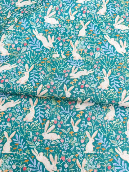 Field Of Bunnies In Green Fabric - By Dear Stella - Strawberry Jam Collection - Cotton By The Yard - Bunny/Floral Print