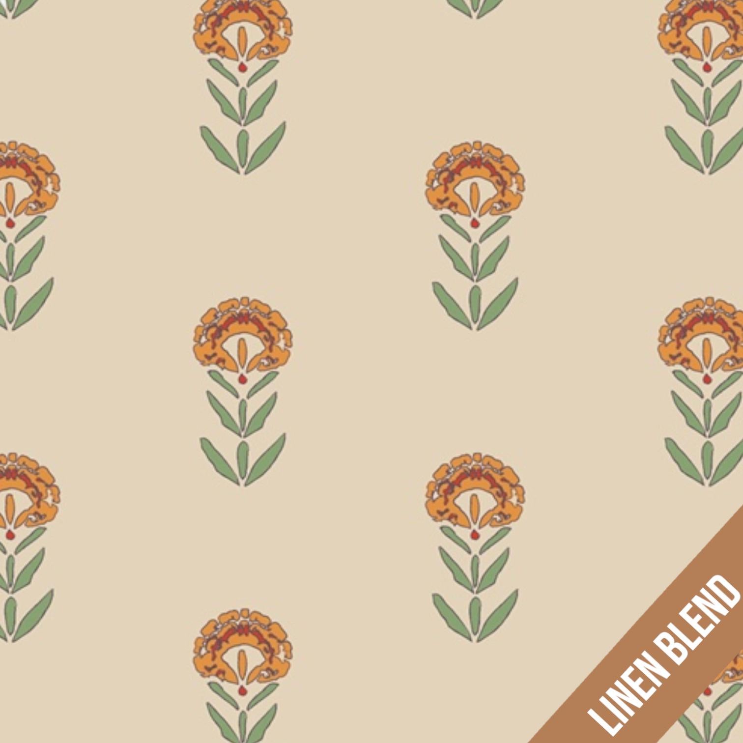 Front Yard Marigolds Linen in Cream, by Maureen Cracknell for AGF, Linen Fabric