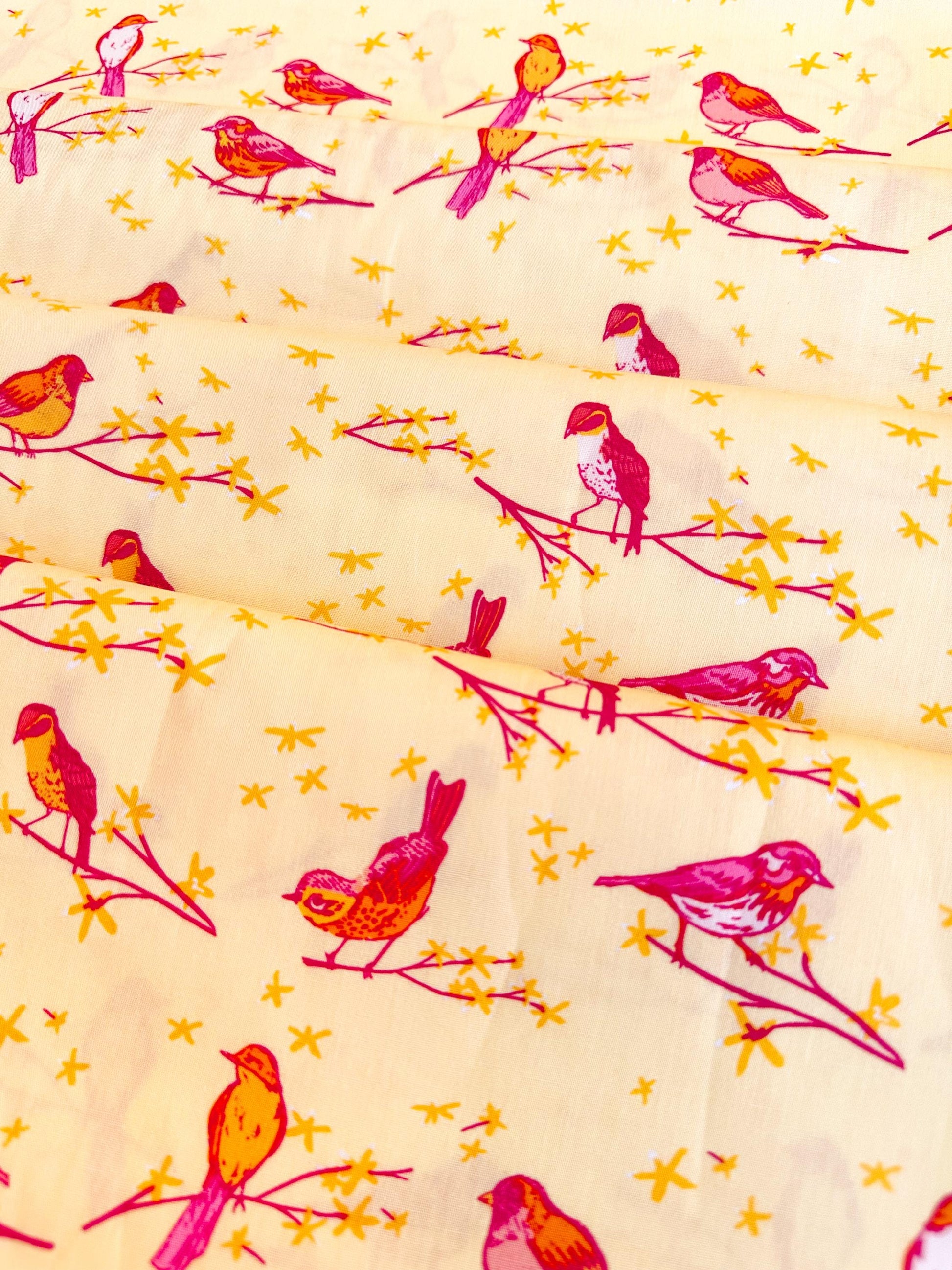 The Dawn Chorus in Sunset, Marigold Collection, by Maureen Cracknell for Art Gallery Fabrics, 100% Premium Cotton Fabric