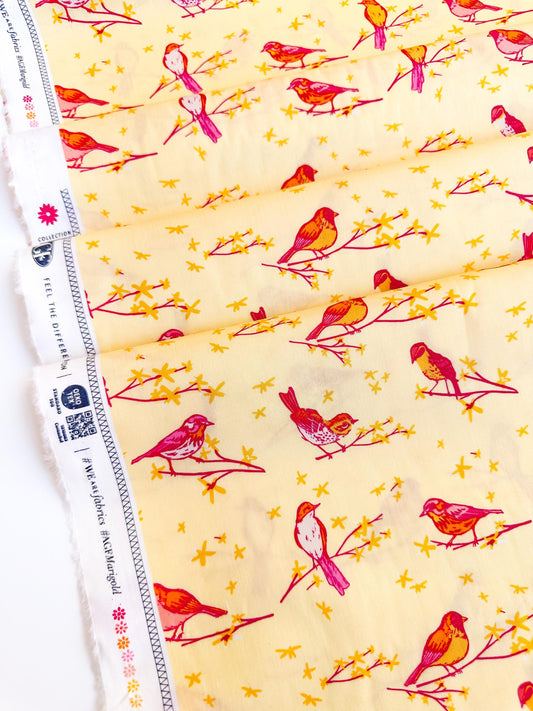 The Dawn Chorus in Sunset, Marigold Collection, by Maureen Cracknell for Art Gallery Fabrics, 100% Premium Cotton Fabric