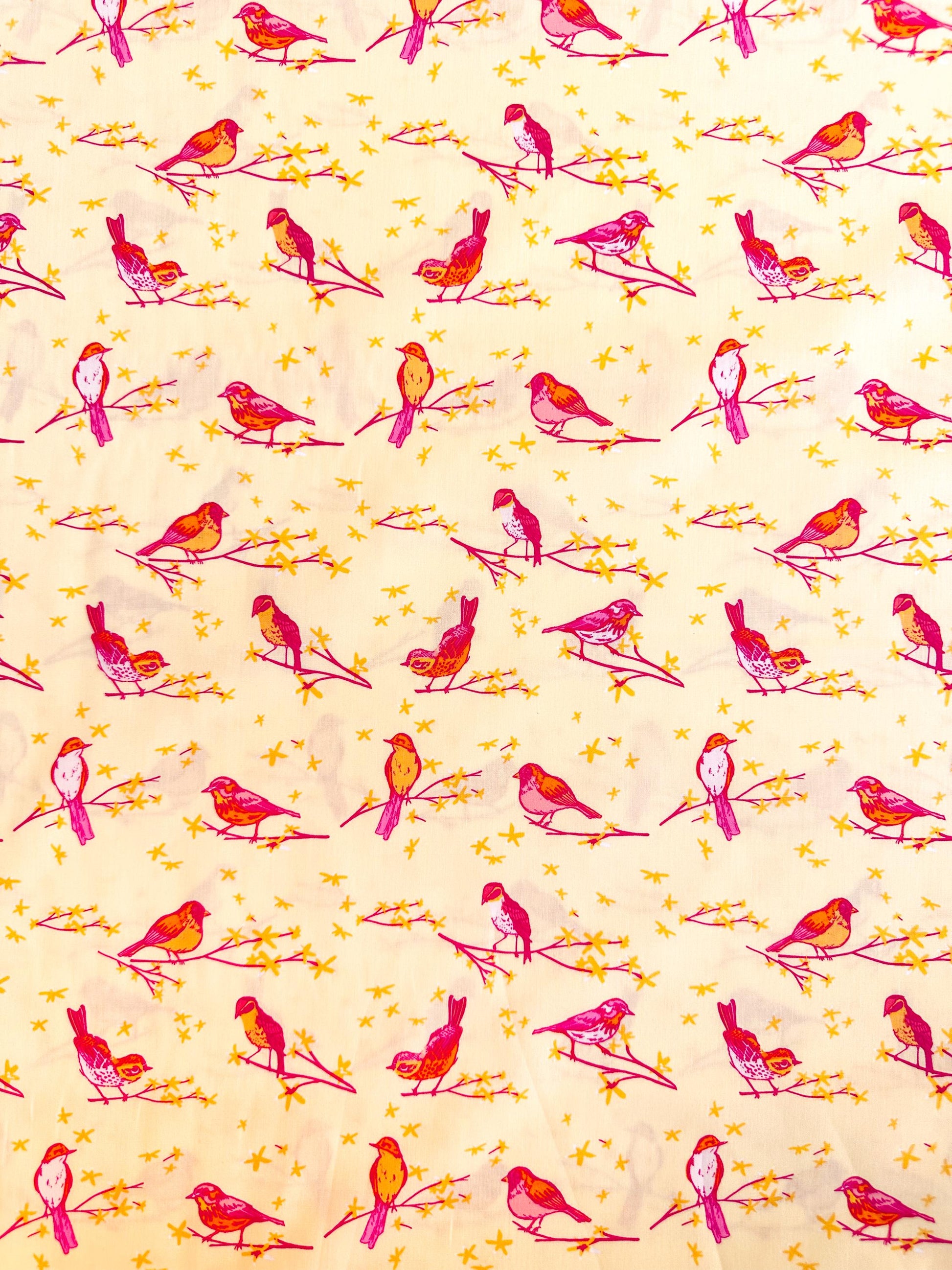 The Dawn Chorus in Sunset, Marigold Collection, by Maureen Cracknell for Art Gallery Fabrics, 100% Premium Cotton Fabric
