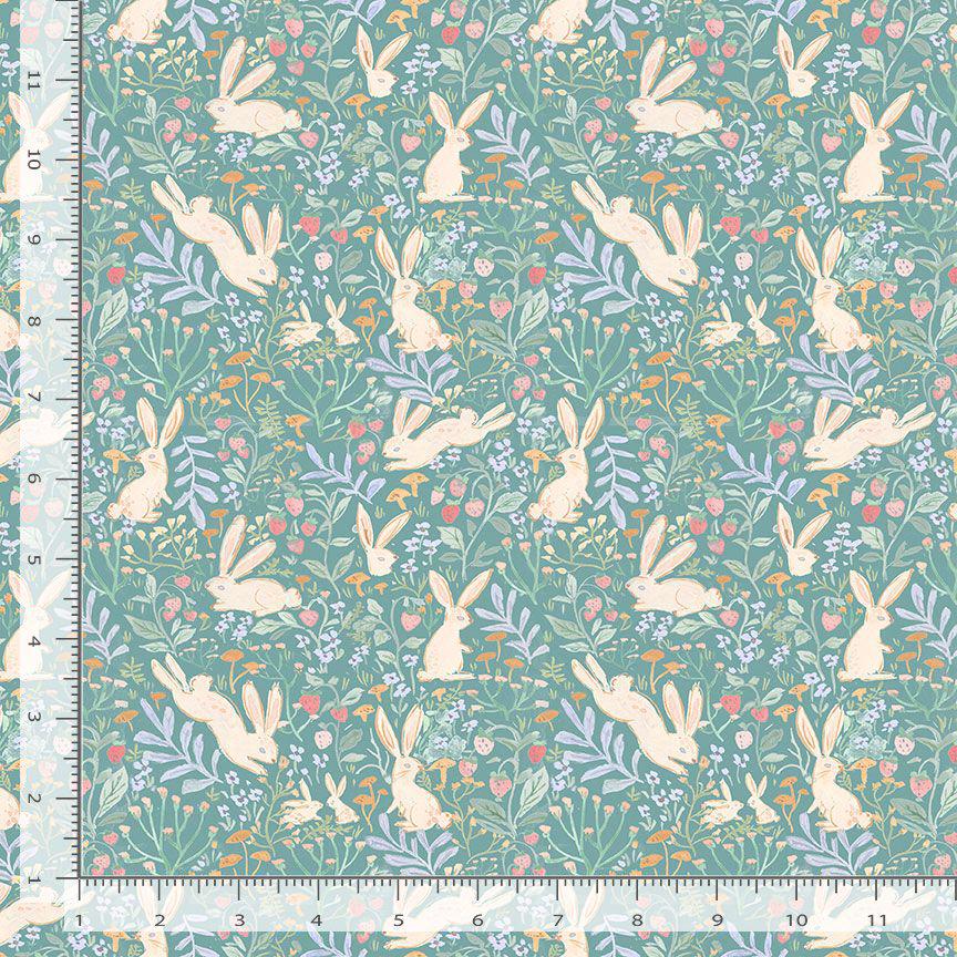 Field Of Bunnies In Green Fabric - By Dear Stella - Strawberry Jam Collection - Cotton By The Yard - Bunny/Floral Print