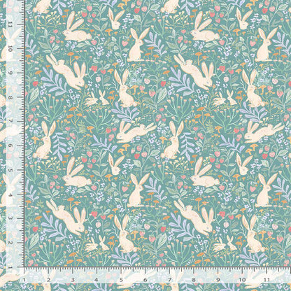 Field Of Bunnies In Green Fabric - By Dear Stella - Strawberry Jam Collection - Cotton By The Yard - Bunny/Floral Print