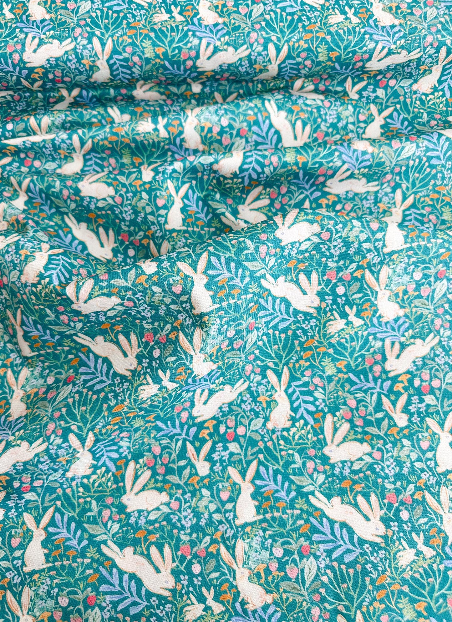 Field Of Bunnies In Green Fabric - By Dear Stella - Strawberry Jam Collection - Cotton By The Yard - Bunny/Floral Print