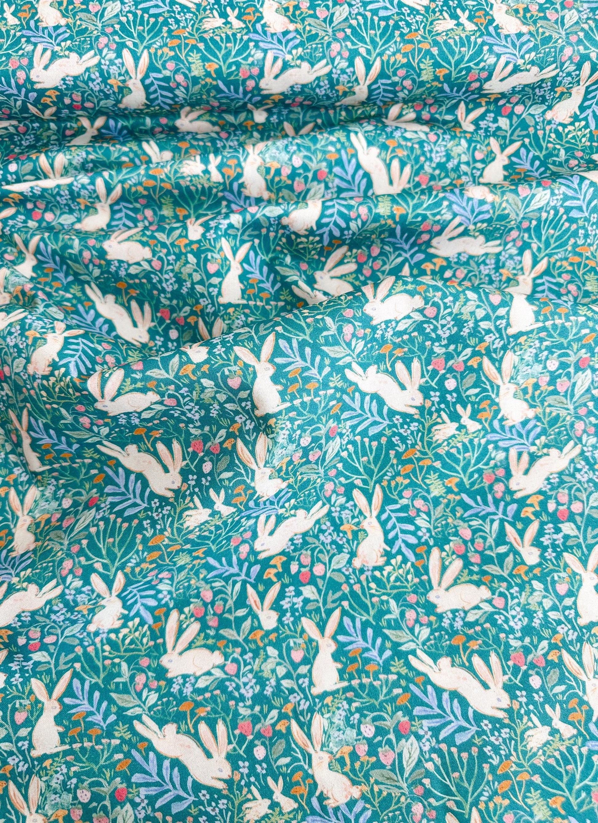 Field Of Bunnies In Green Fabric - By Dear Stella - Strawberry Jam Collection - Cotton By The Yard - Bunny/Floral Print