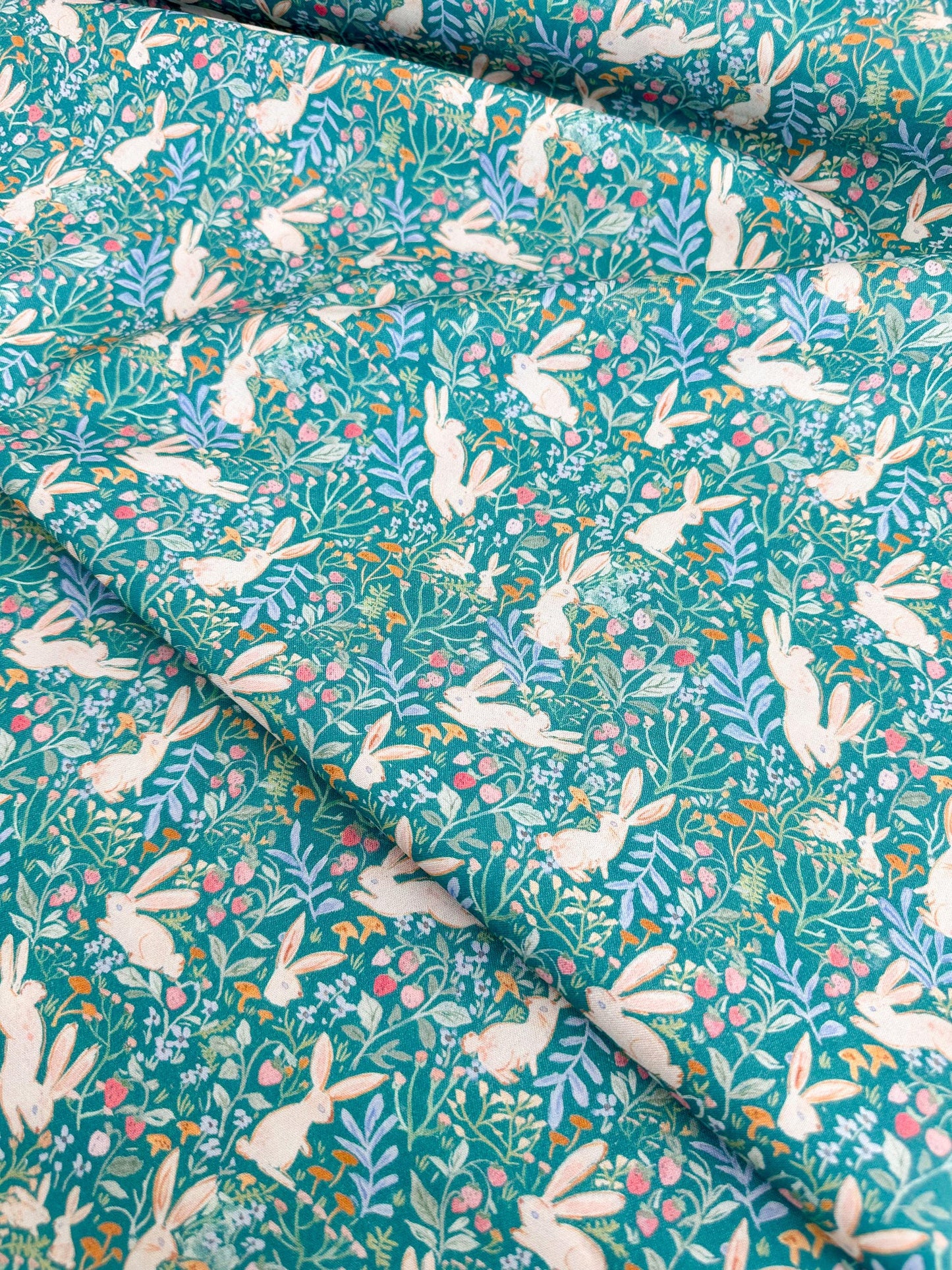 Field Of Bunnies In Green Fabric - By Dear Stella - Strawberry Jam Collection - Cotton By The Yard - Bunny/Floral Print