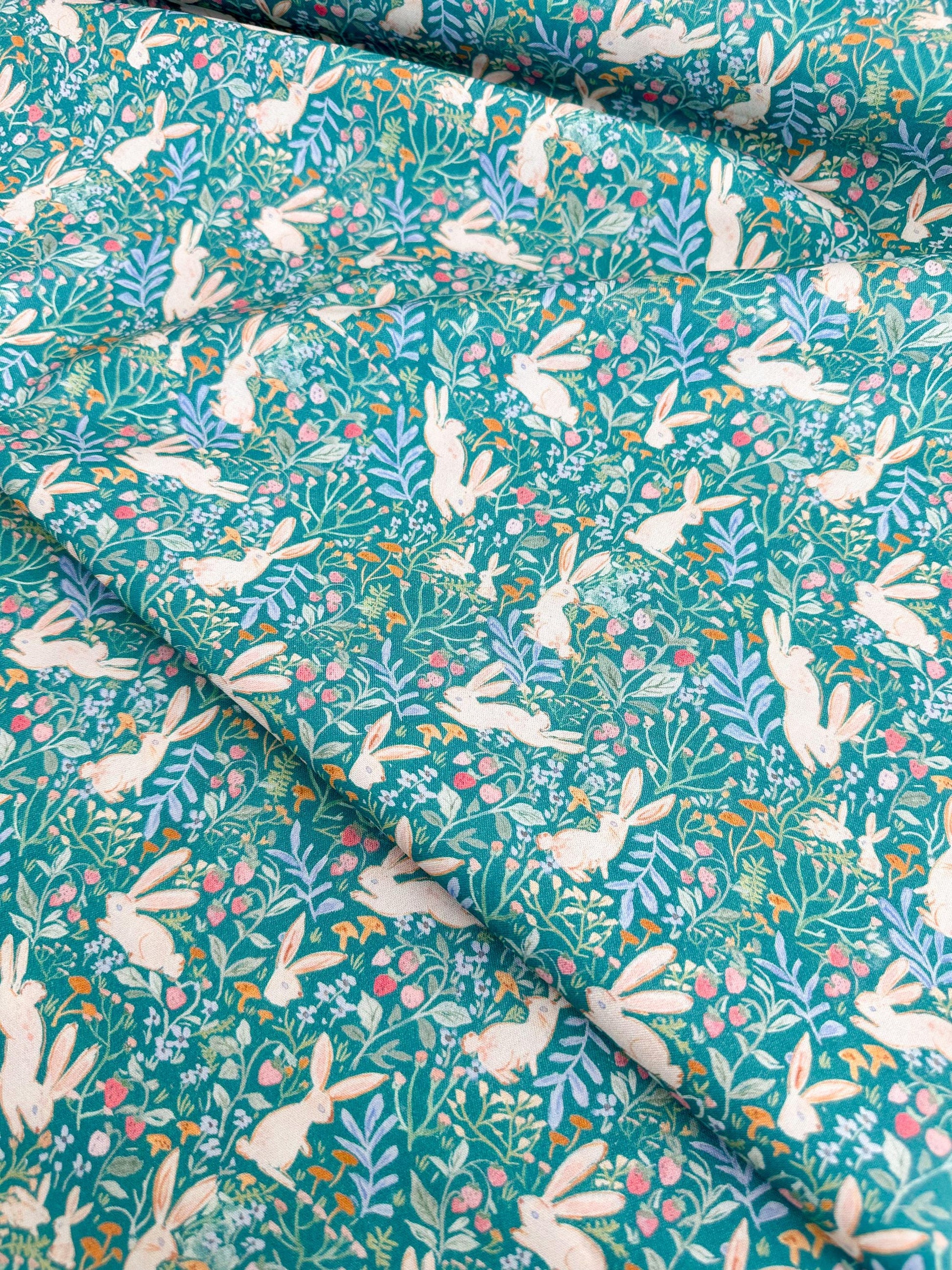 Field Of Bunnies In Green Fabric - By Dear Stella - Strawberry Jam Collection - Cotton By The Yard - Bunny/Floral Print