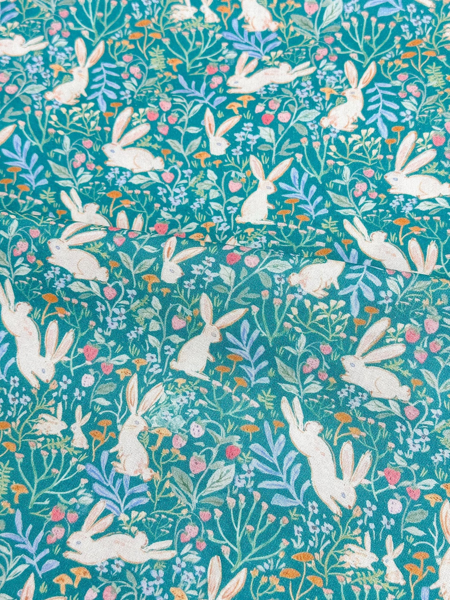 Field Of Bunnies In Green Fabric - By Dear Stella - Strawberry Jam Collection - Cotton By The Yard - Bunny/Floral Print
