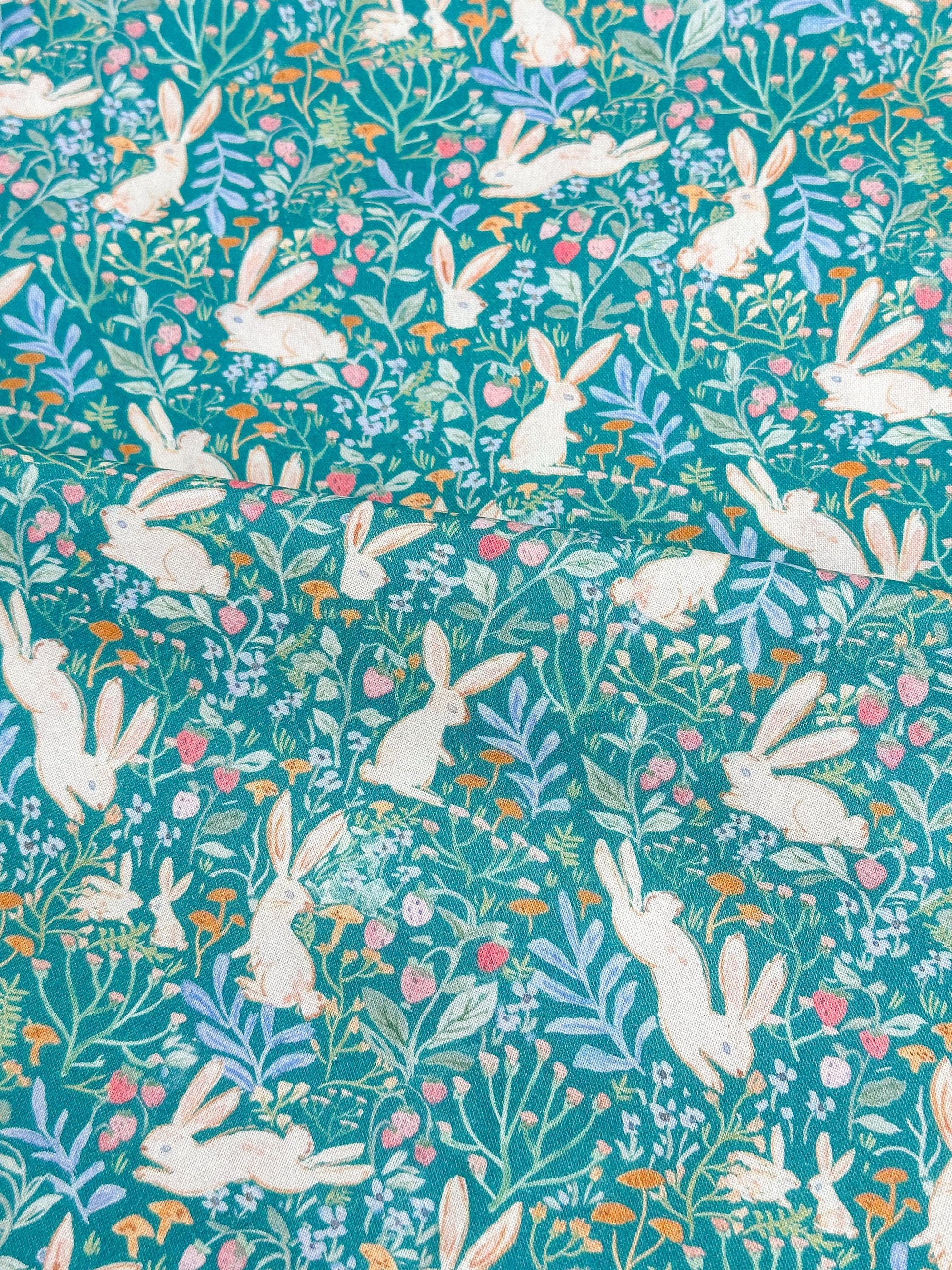 Field Of Bunnies In Green Fabric - By Dear Stella - Strawberry Jam Collection - Cotton By The Yard - Bunny/Floral Print