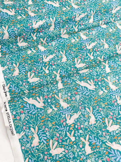 Field Of Bunnies In Green Fabric - By Dear Stella - Strawberry Jam Collection - Cotton By The Yard - Bunny/Floral Print