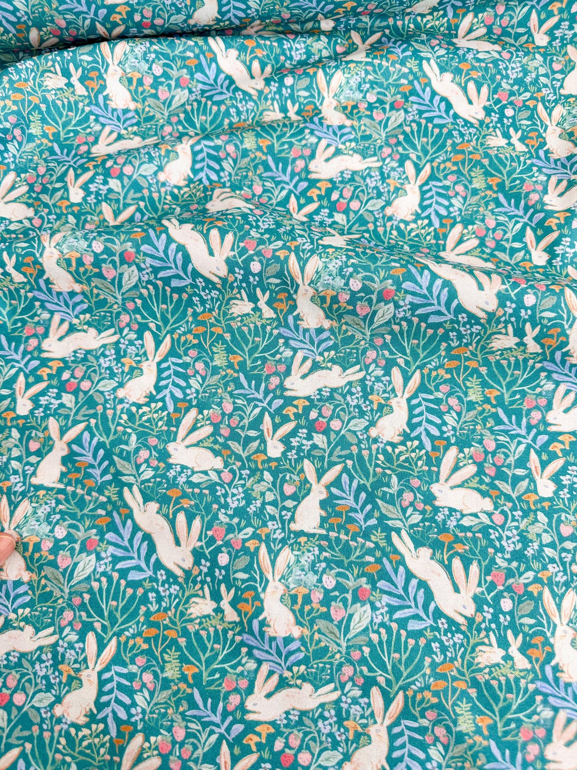Field Of Bunnies In Green Fabric - By Dear Stella - Strawberry Jam Collection - Cotton By The Yard - Bunny/Floral Print