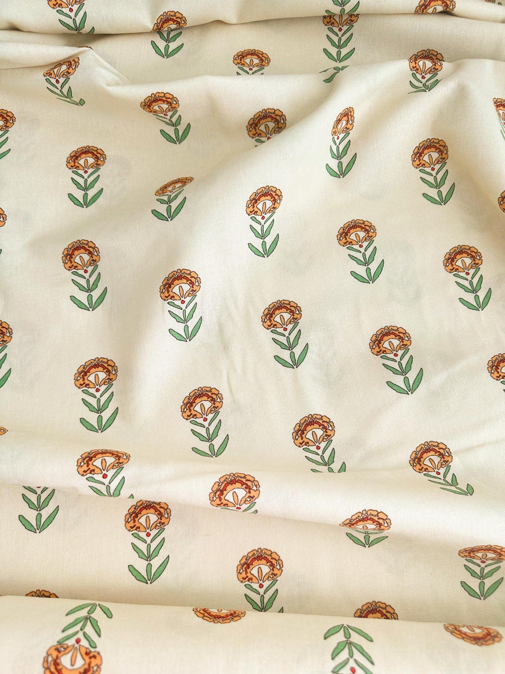 Front Yard Marigolds Linen in Cream, by Maureen Cracknell for AGF, Linen Fabric