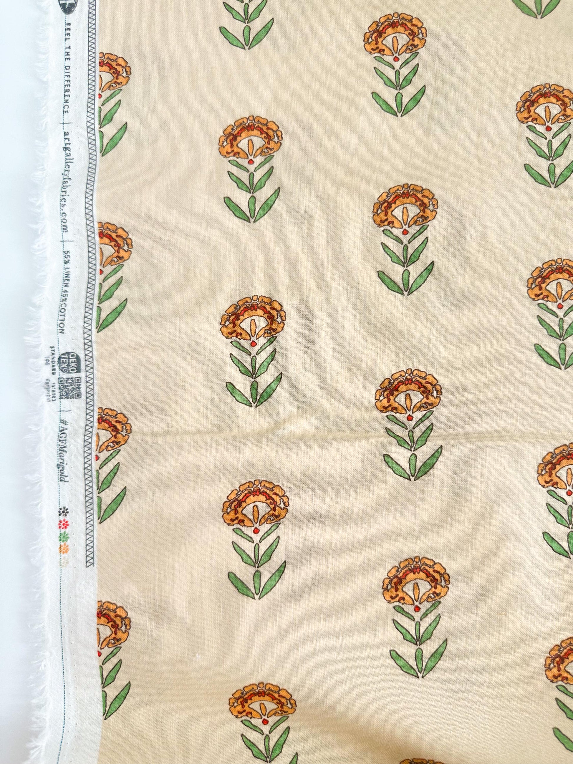 Front Yard Marigolds Linen in Cream, by Maureen Cracknell for AGF, Linen Fabric