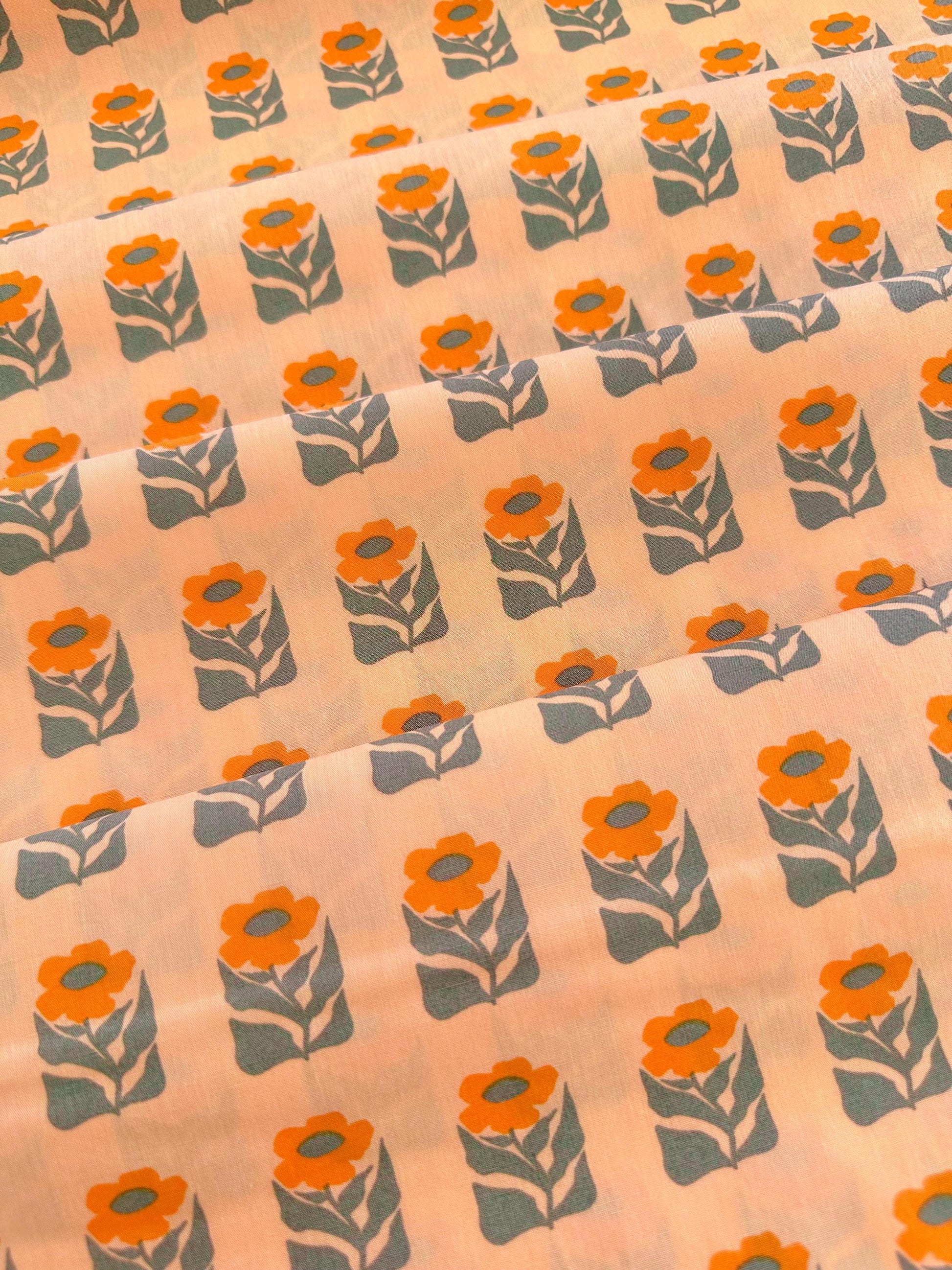 Premium Cotton Fabric by the Yard – Tangerine Collection Petalled Stamp Quilt & Craft Material for Sewing Projects
