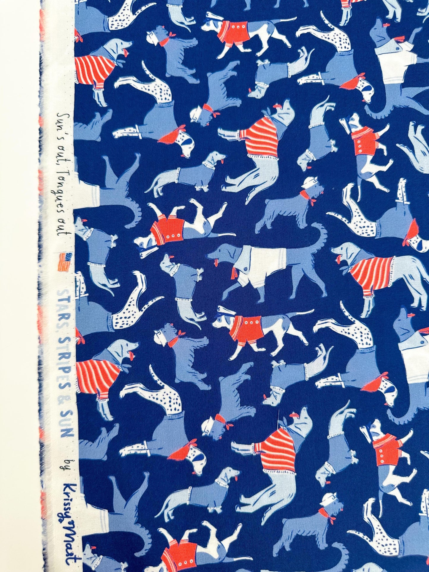 Sun's Out Tongues Out, Fabric by the Yard, 100% Organic Cotton, By Cloud9 Fabrics, STARS, STRIPES & SUN Collection, Dog Print