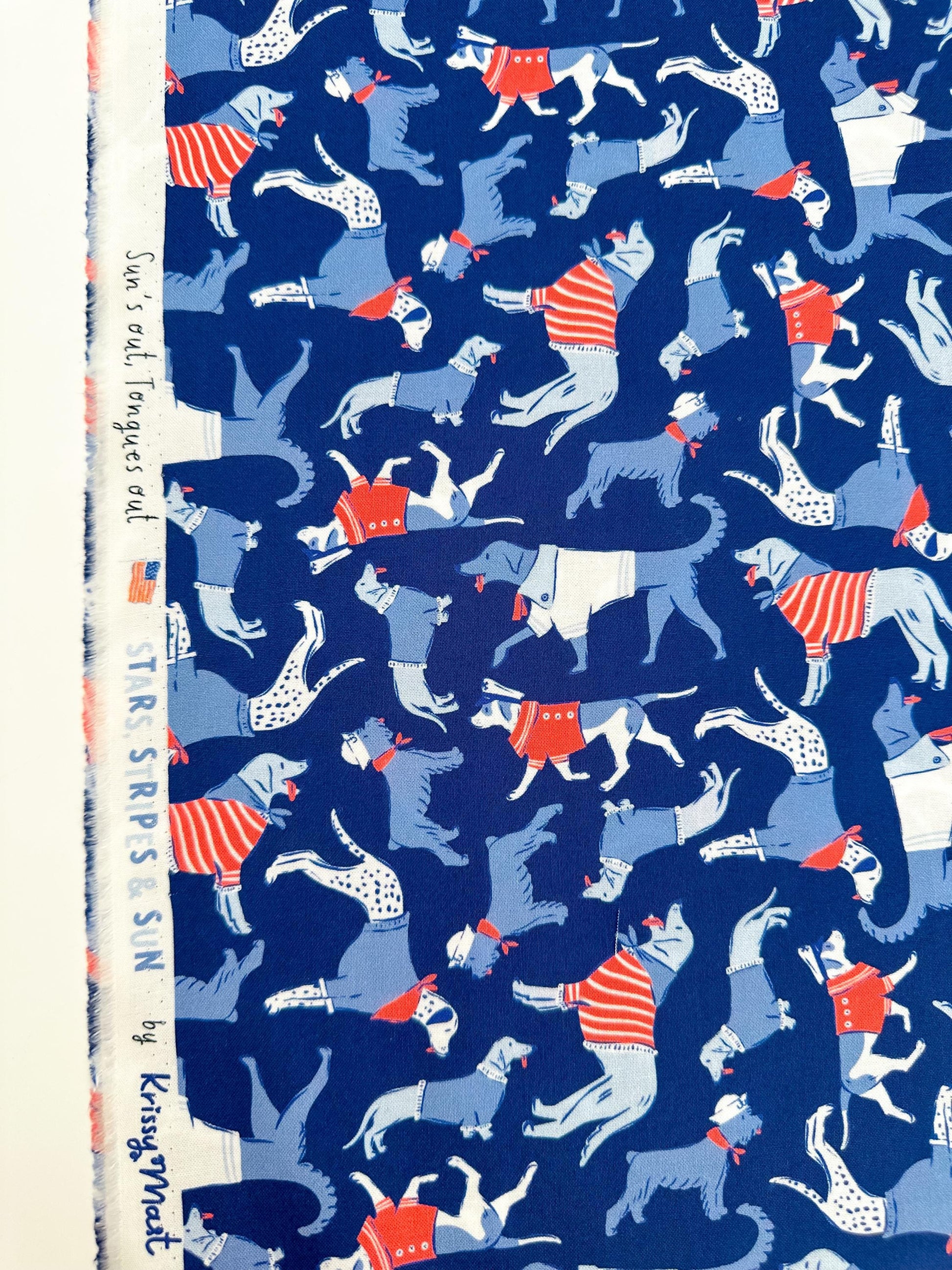 Sun's Out Tongues Out, Fabric by the Yard, 100% Organic Cotton, By Cloud9 Fabrics, STARS, STRIPES & SUN Collection, Dog Print