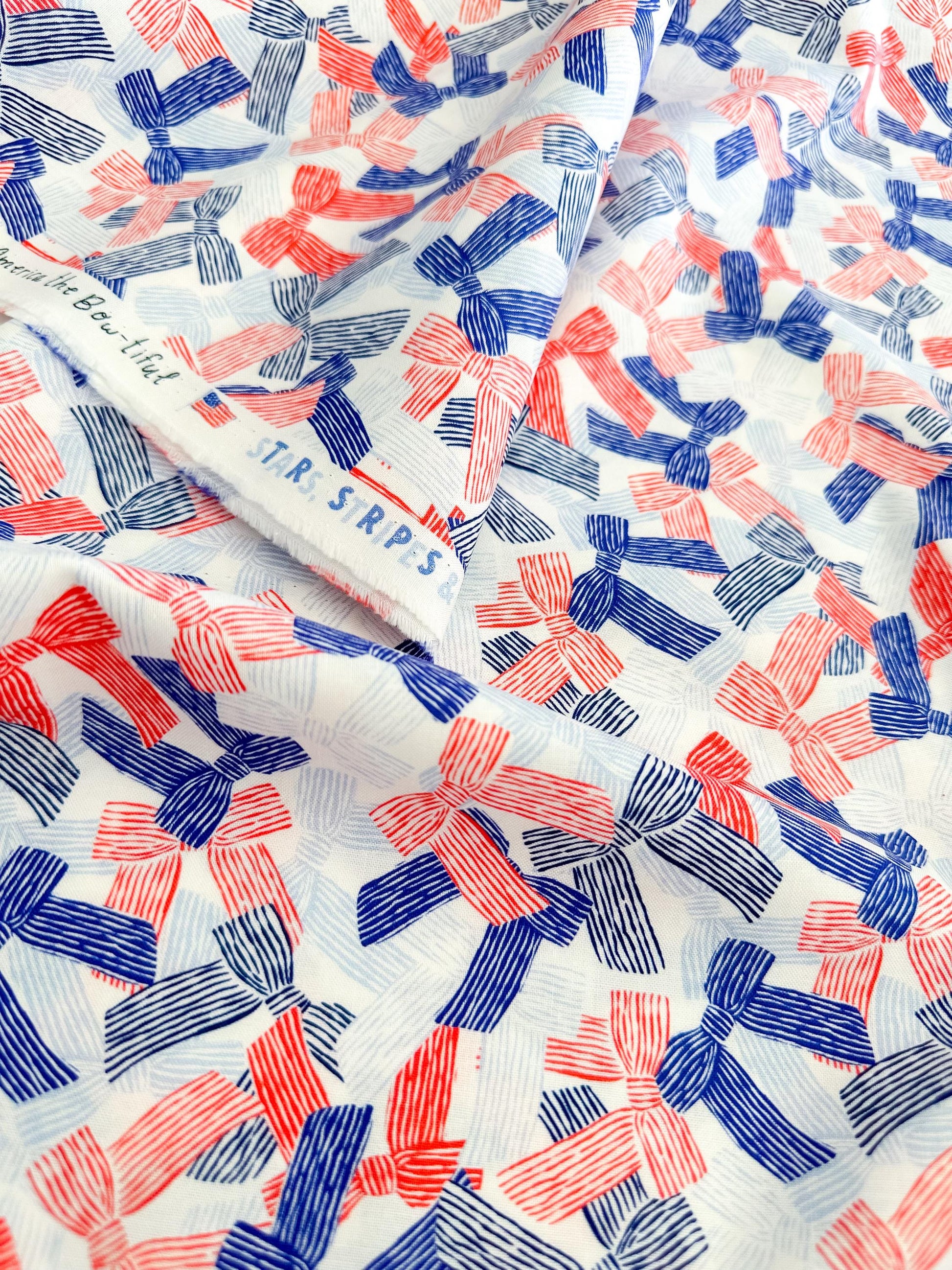 America The Bow-tiful, Fabric by the Yard, 100% Organic Cotton, By Cloud9 Fabrics, STARS, STRIPES & SUN Collection, Bow Print