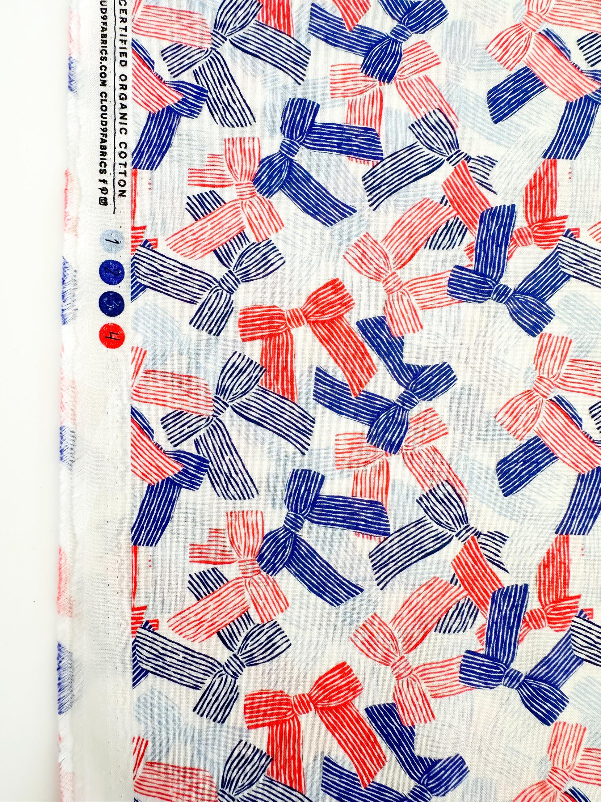 America The Bow-tiful, Fabric by the Yard, 100% Organic Cotton, By Cloud9 Fabrics, STARS, STRIPES & SUN Collection, Bow Print