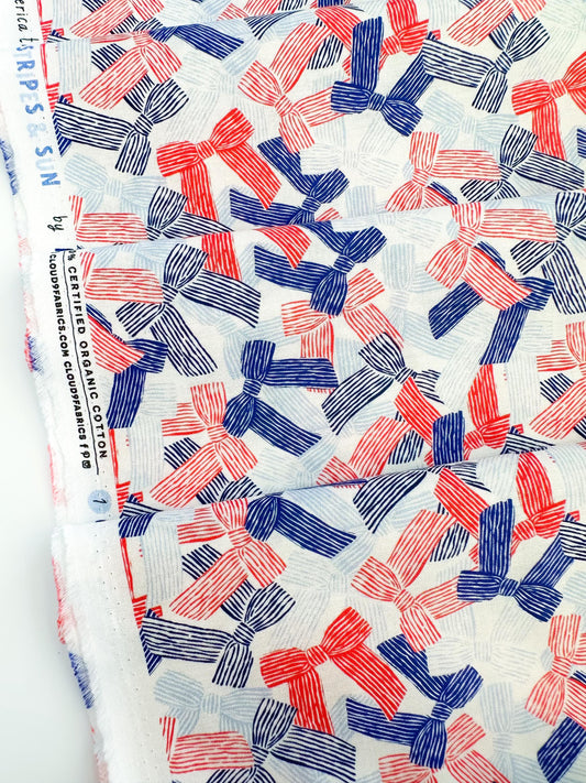 America The Bow-tiful, Fabric by the Yard, 100% Organic Cotton, By Cloud9 Fabrics, STARS, STRIPES & SUN Collection, Bow Print