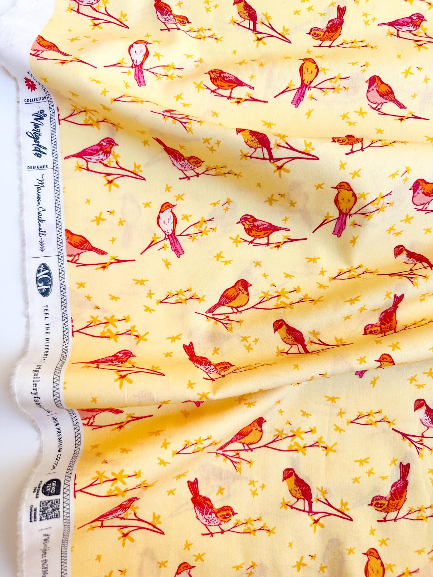 The Dawn Chorus in Sunset, Marigold Collection, by Maureen Cracknell for Art Gallery Fabrics, 100% Premium Cotton Fabric
