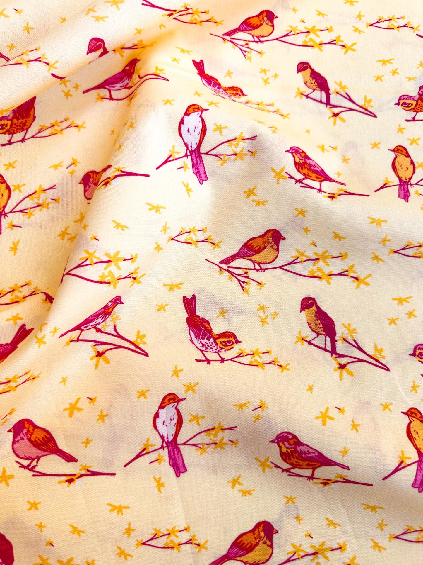 The Dawn Chorus in Sunset, Marigold Collection, by Maureen Cracknell for Art Gallery Fabrics, 100% Premium Cotton Fabric