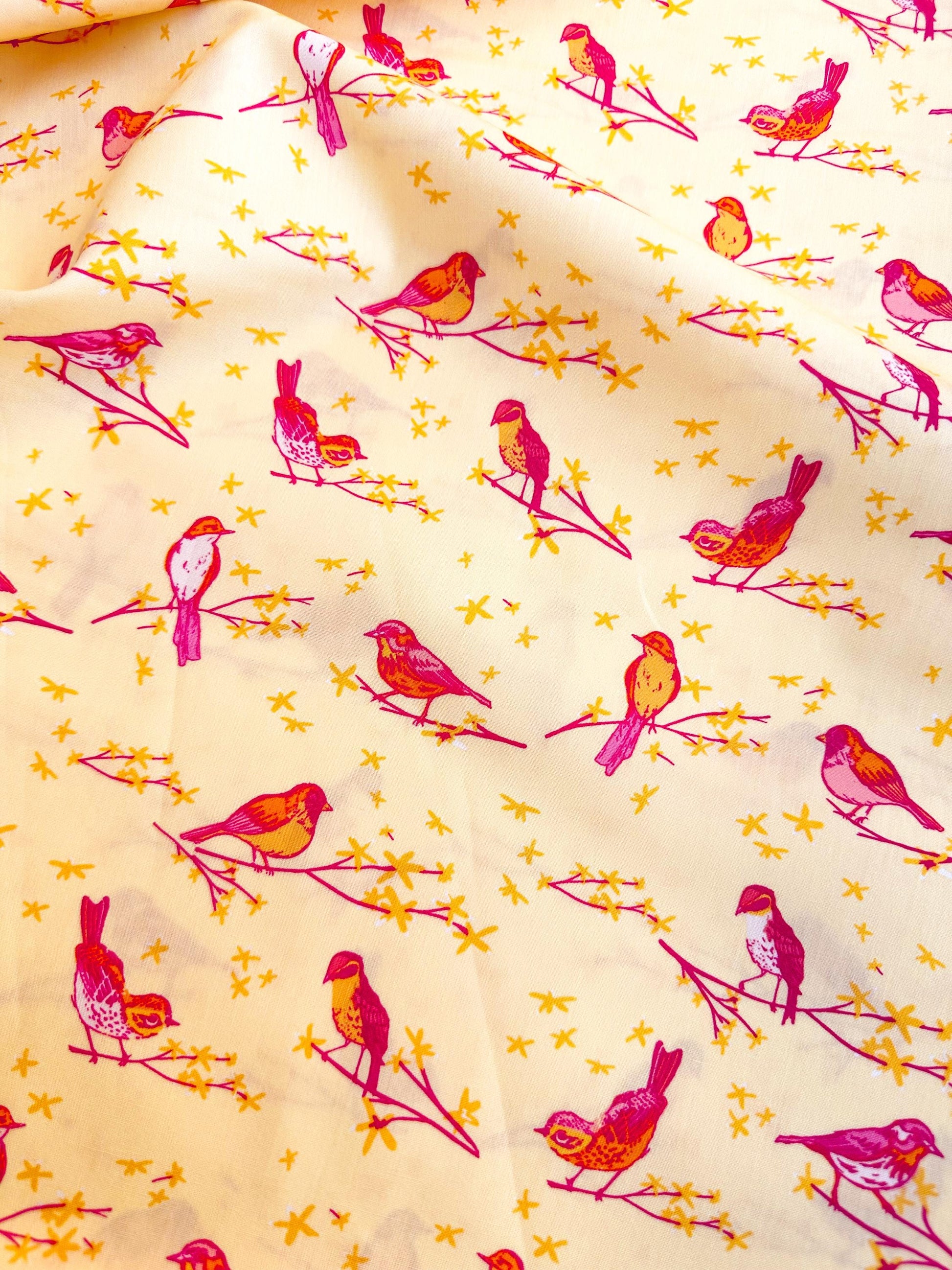 The Dawn Chorus in Sunset, Marigold Collection, by Maureen Cracknell for Art Gallery Fabrics, 100% Premium Cotton Fabric