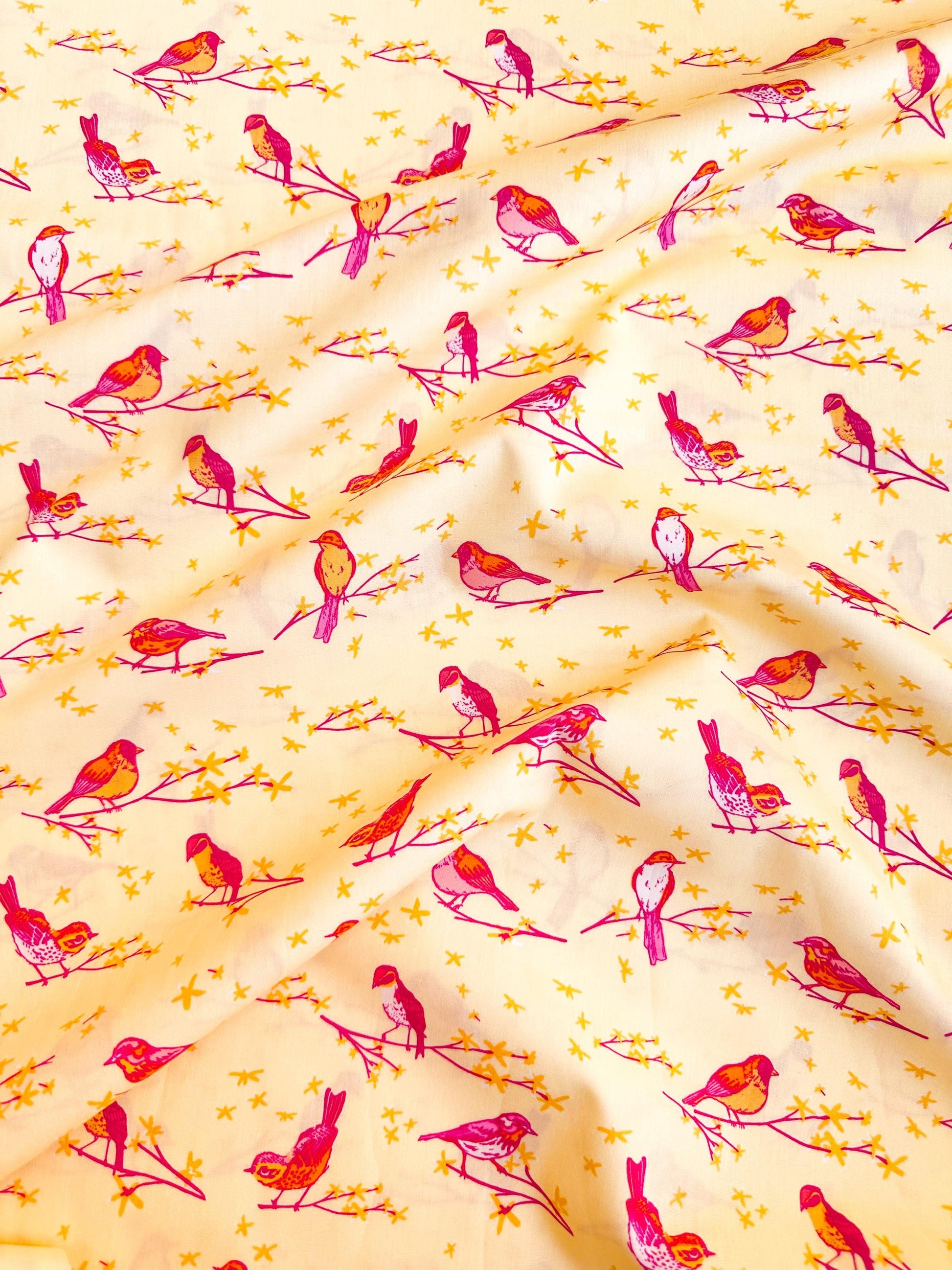 The Dawn Chorus in Sunset, Marigold Collection, by Maureen Cracknell for Art Gallery Fabrics, 100% Premium Cotton Fabric