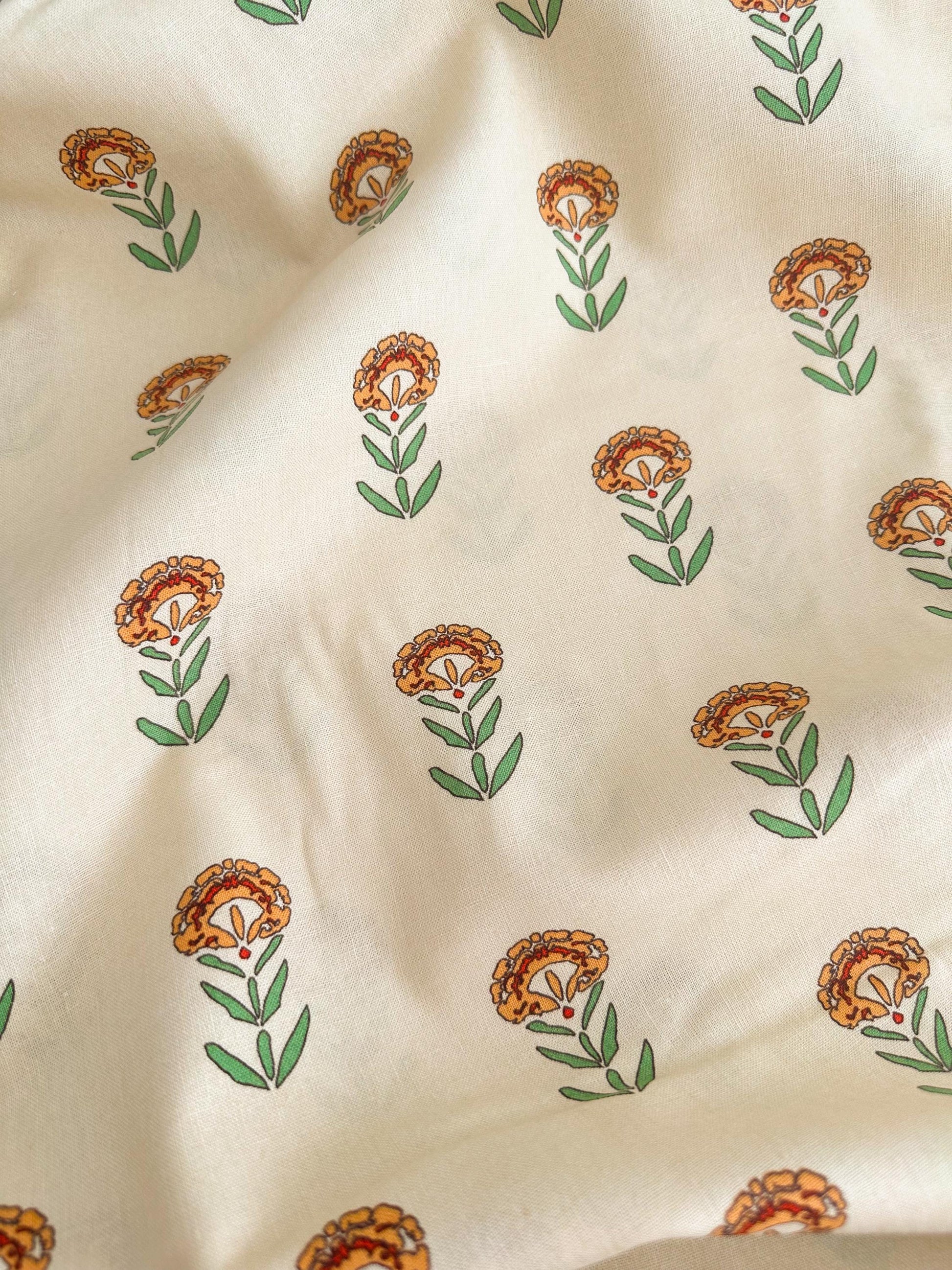 Front Yard Marigolds Linen in Cream, by Maureen Cracknell for AGF, Linen Fabric