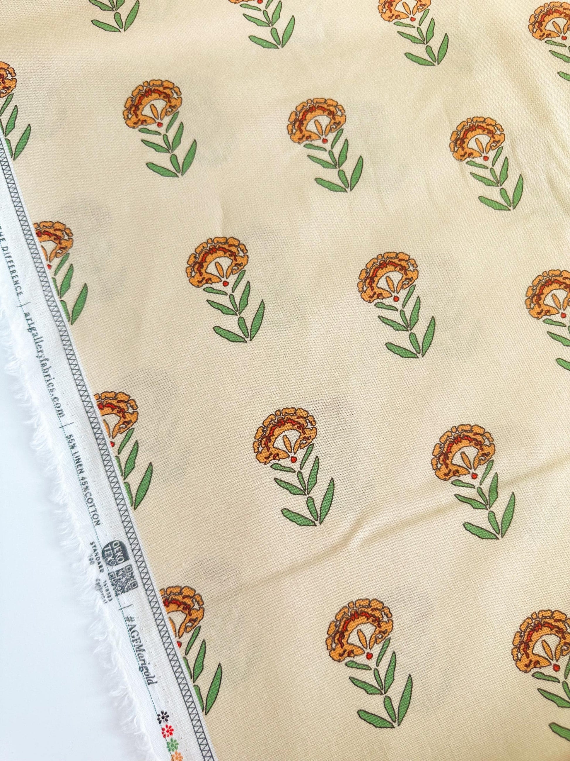 Front Yard Marigolds Linen in Cream, by Maureen Cracknell for AGF, Linen Fabric