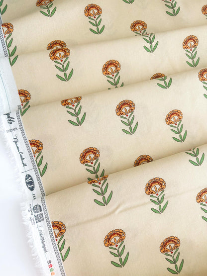 Front Yard Marigolds Linen in Cream, by Maureen Cracknell for AGF, Linen Fabric