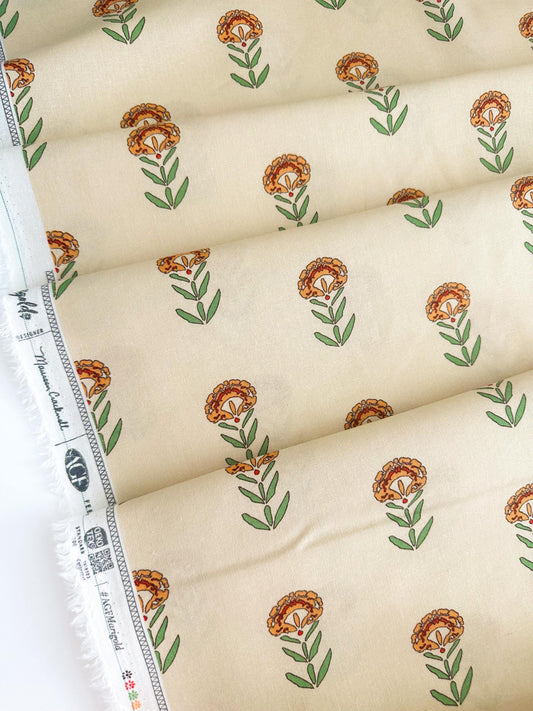 Front Yard Marigolds Linen in Cream, by Maureen Cracknell for AGF, Linen Fabric