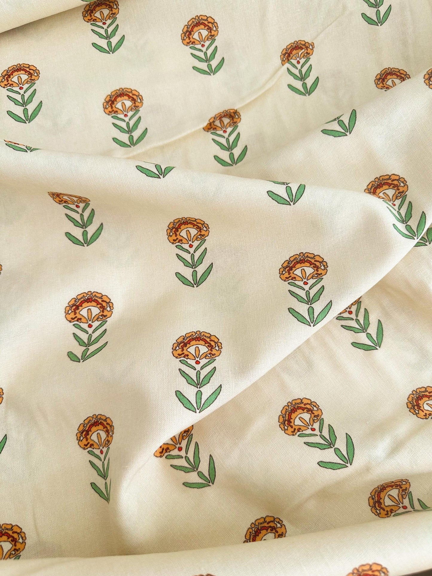 Front Yard Marigolds Linen in Cream, by Maureen Cracknell for AGF, Linen Fabric