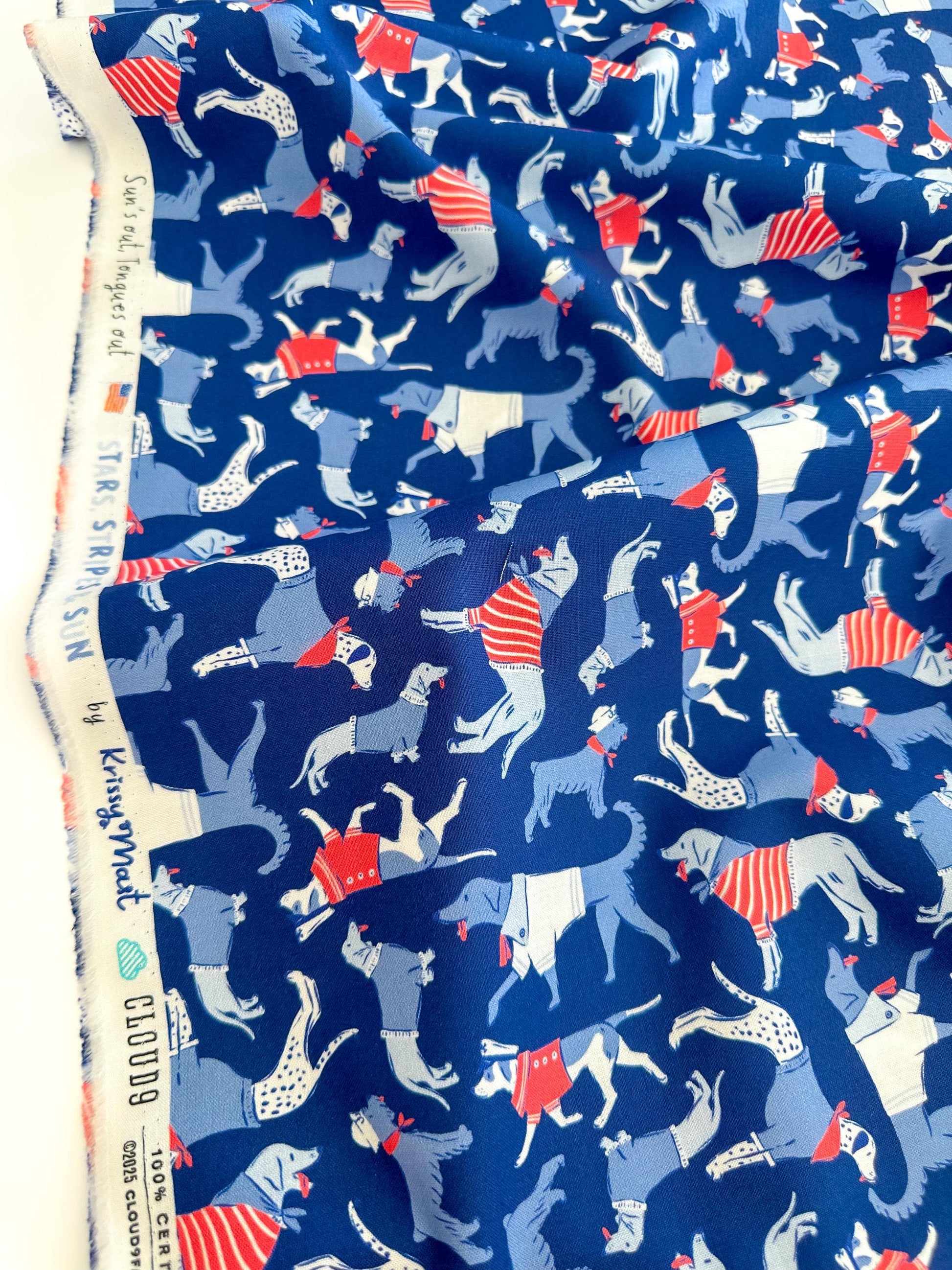 Sun's Out Tongues Out, Fabric by the Yard, 100% Organic Cotton, By Cloud9 Fabrics, STARS, STRIPES & SUN Collection, Dog Print