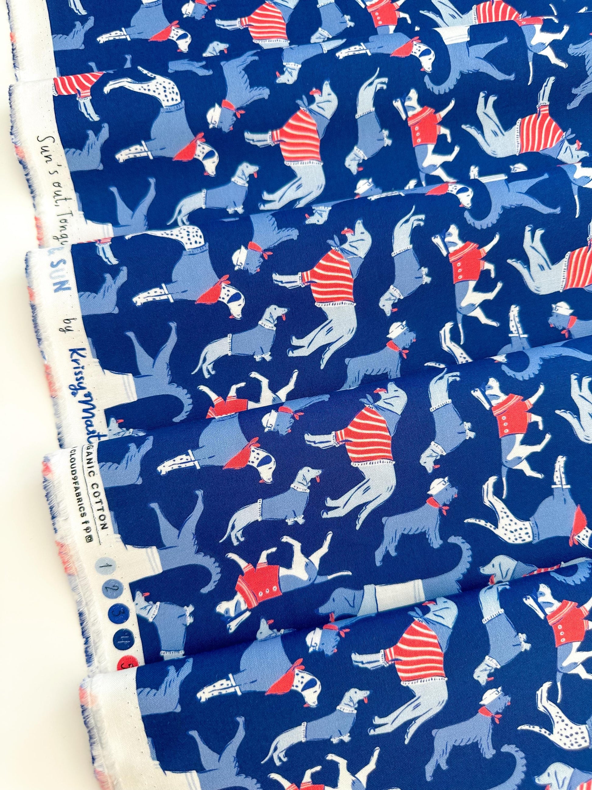 Sun's Out Tongues Out, Fabric by the Yard, 100% Organic Cotton, By Cloud9 Fabrics, STARS, STRIPES & SUN Collection, Dog Print
