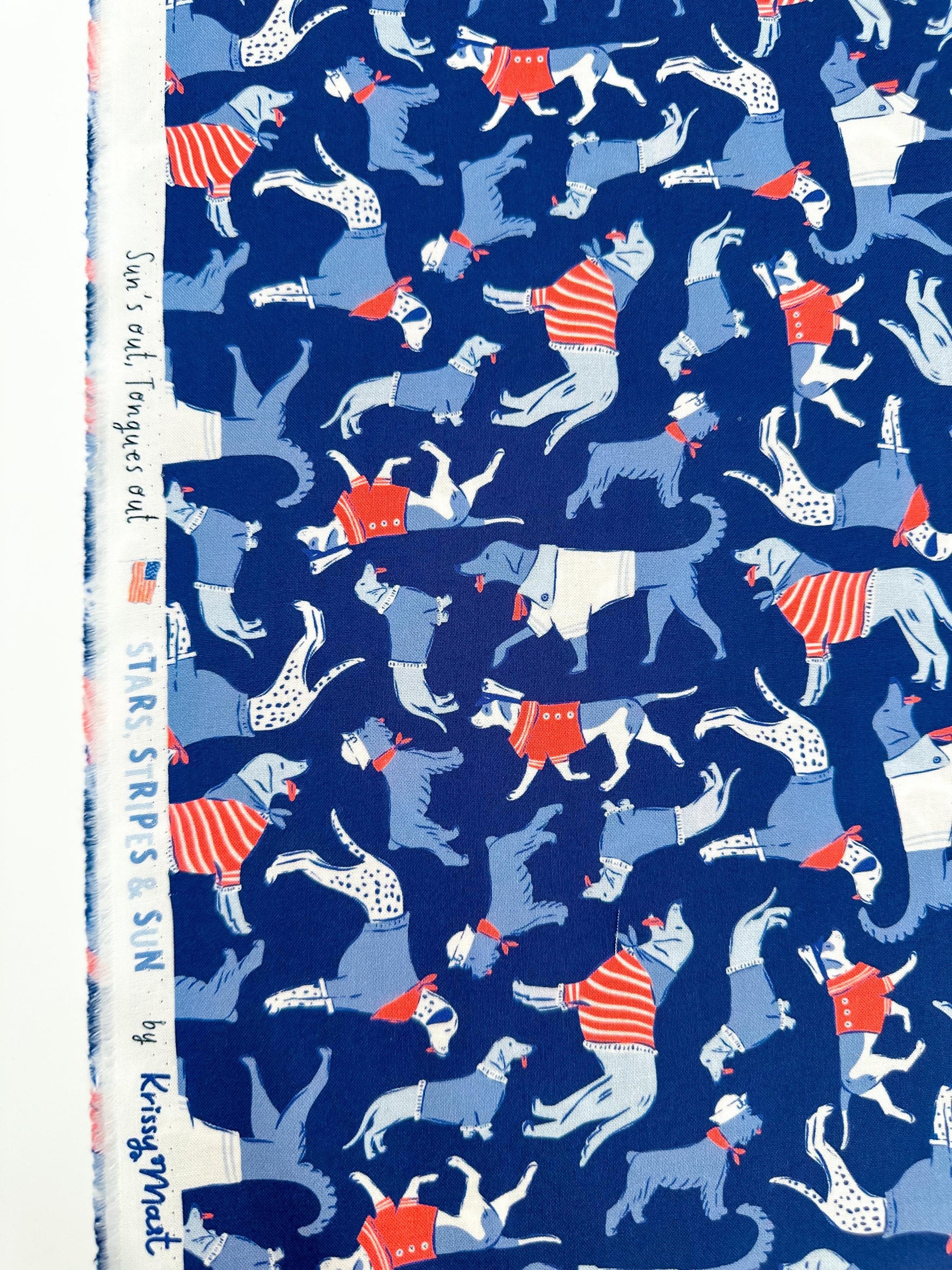 Sun's Out Tongues Out, Fabric by the Yard, 100% Organic Cotton, By Cloud9 Fabrics, STARS, STRIPES & SUN Collection, Dog Print