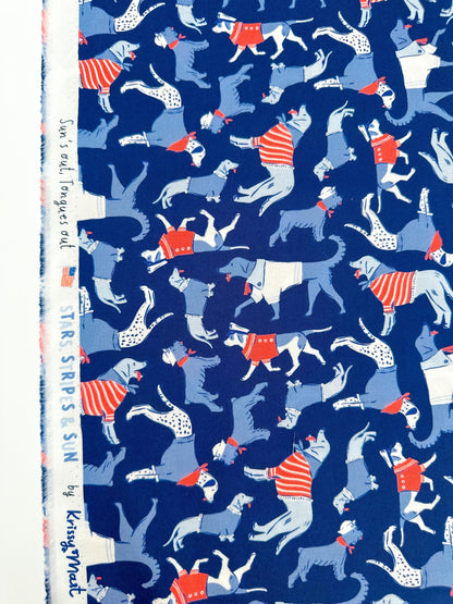 Sun's Out Tongues Out, Fabric by the Yard, 100% Organic Cotton, By Cloud9 Fabrics, STARS, STRIPES & SUN Collection, Dog Print