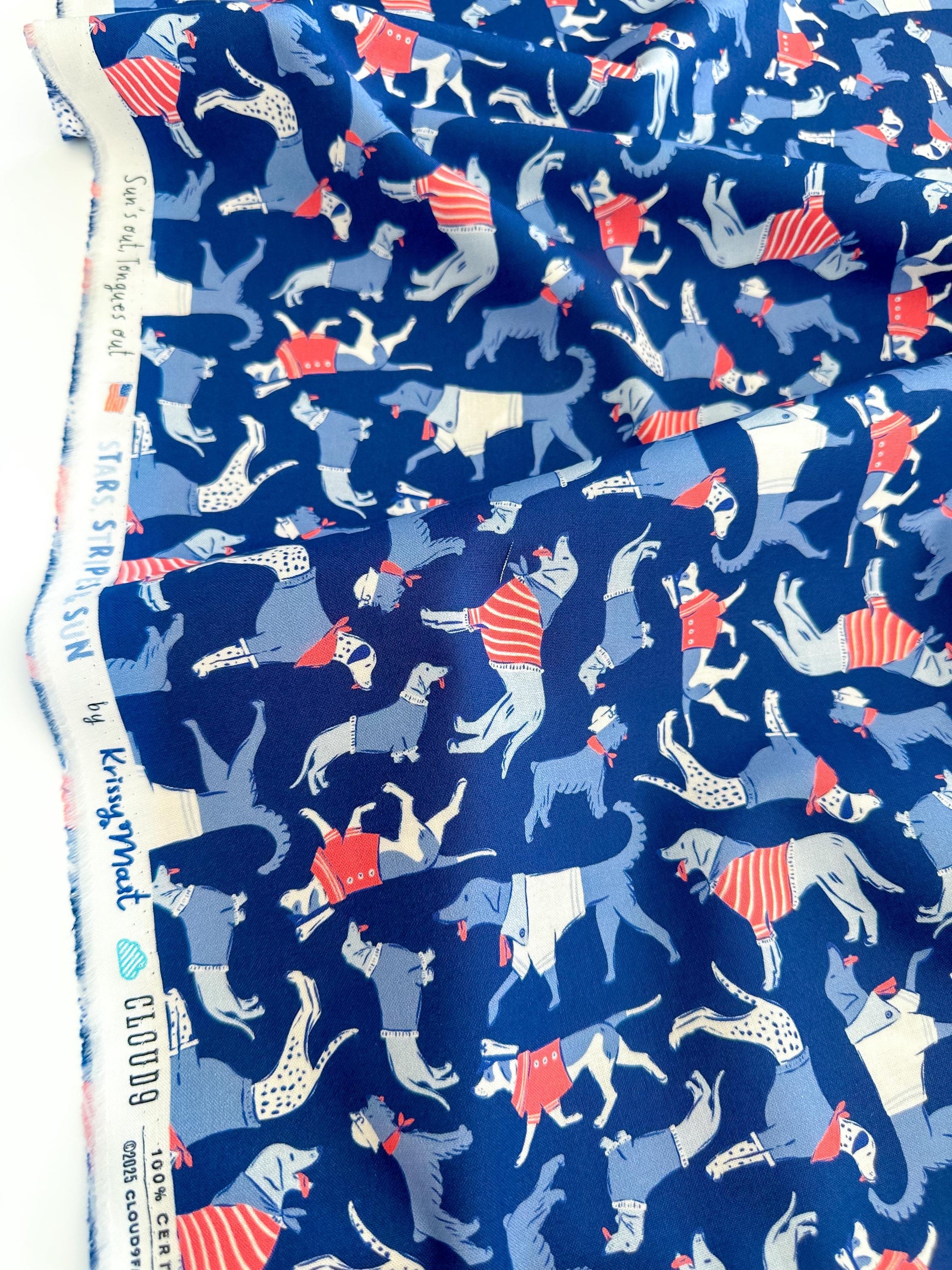 Sun's Out Tongues Out, Fabric by the Yard, 100% Organic Cotton, By Cloud9 Fabrics, STARS, STRIPES & SUN Collection, Dog Print
