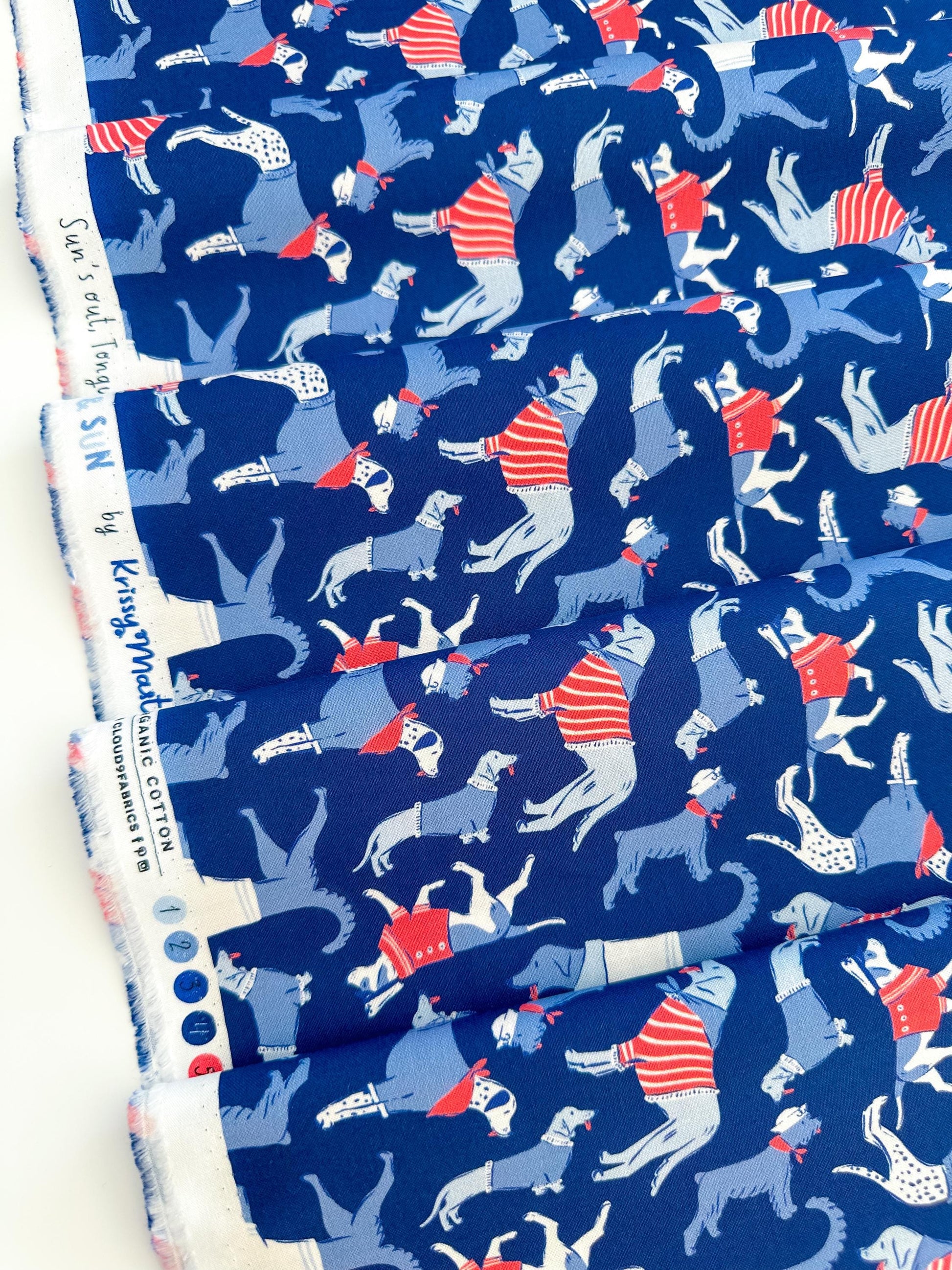 Sun's Out Tongues Out, Fabric by the Yard, 100% Organic Cotton, By Cloud9 Fabrics, STARS, STRIPES & SUN Collection, Dog Print