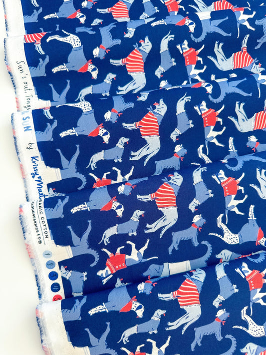 Sun's Out Tongues Out, Fabric by the Yard, 100% Organic Cotton, By Cloud9 Fabrics, STARS, STRIPES & SUN Collection, Dog Print