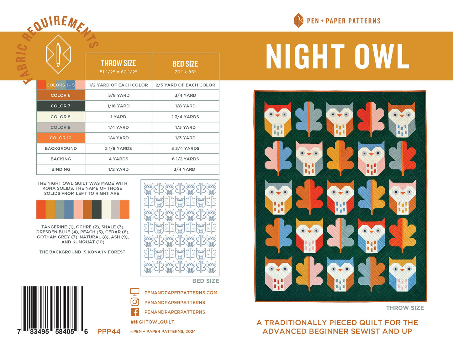 Night Owl Quilt Pattern by Pen + Paper Patterns | Modern Bird Quilt | Printed Pattern | Little Fawn Fabric
