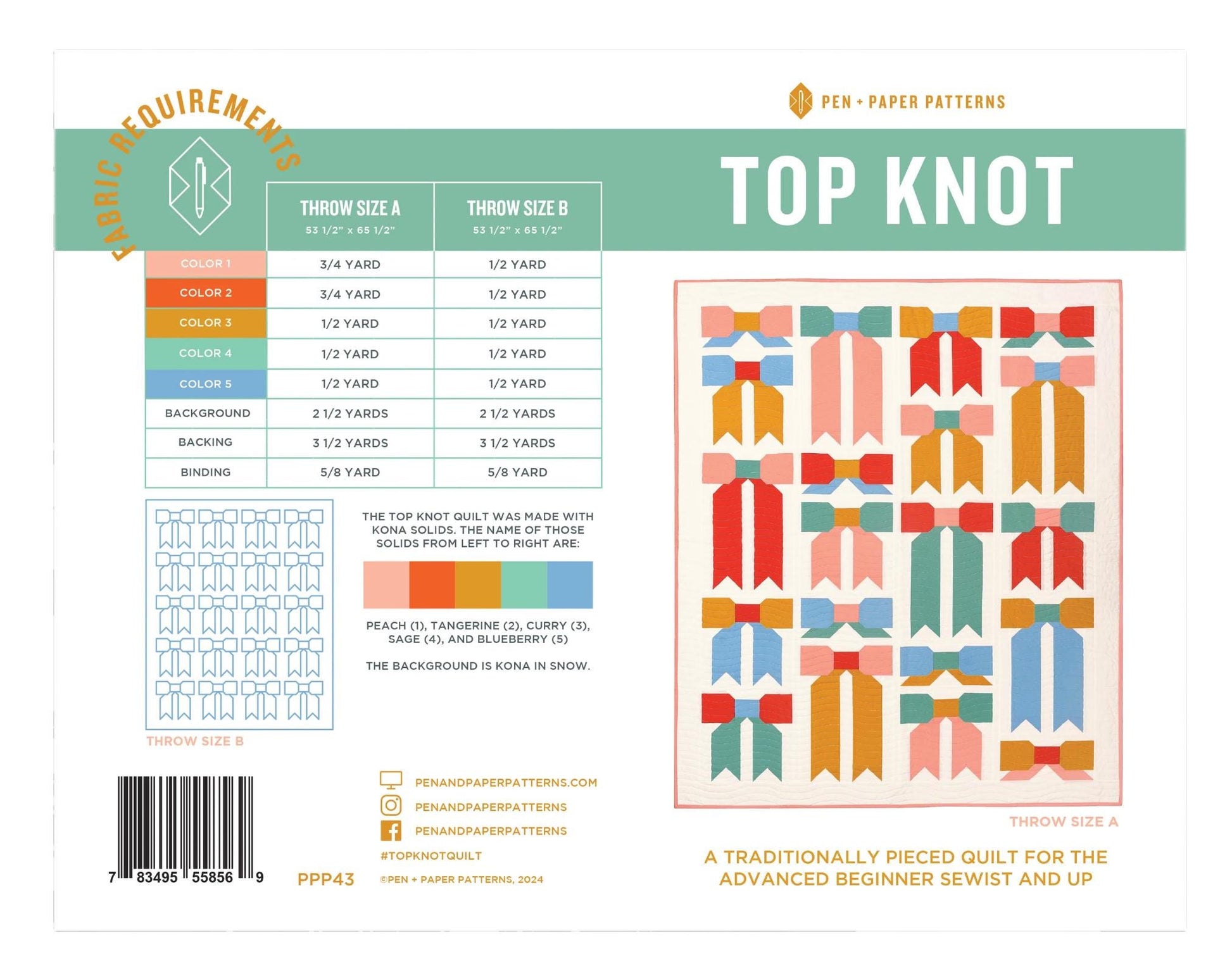 Top Knot Quilt Pattern by Pen + Paper Patterns – Printed Little Fawn Fabric Bow Quilt Sewing Pattern