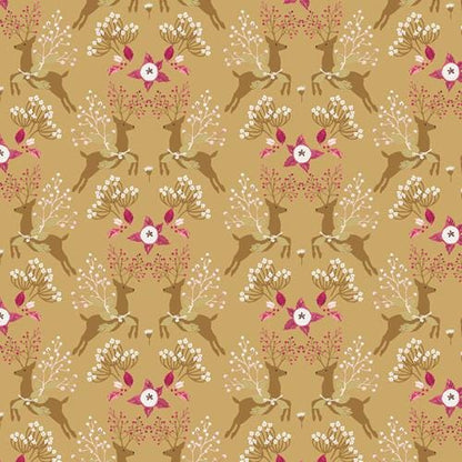 Fawns & Flowers Gold Metallic – Premium Cotton by the Yard – ADVENTALE Collection by Katarina Roccella – Art Gallery Fabrics, Holiday Print