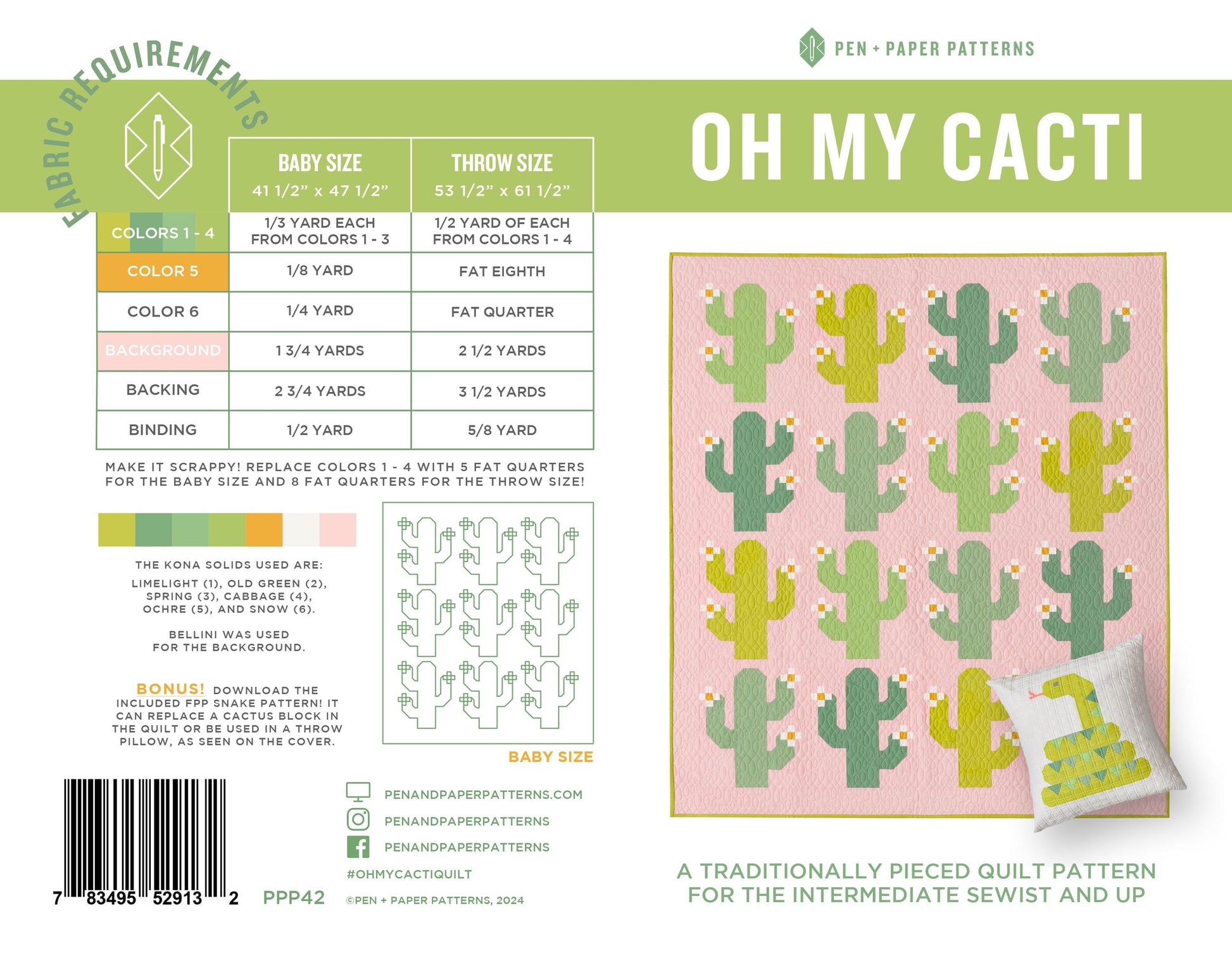 Oh My Cacti Quilt Pattern by Pen + Paper Patterns | Modern Quilt | Printed Pattern | Little Fawn Fabric