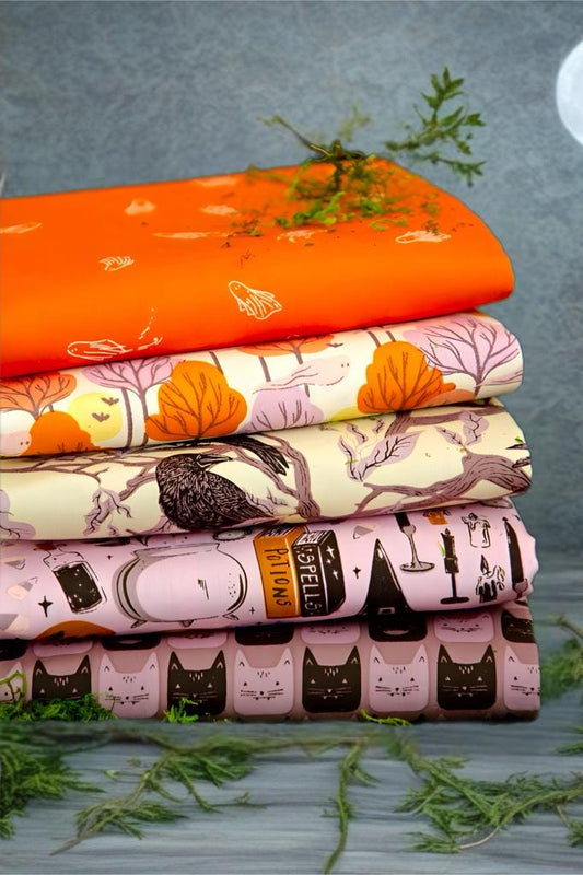Spooky Paws N' Witchy Whispers – 5 Pc Ghostly & Haunted Fabric Bundle – Art Gallery Fabrics Halloween Cotton by AGF Studio